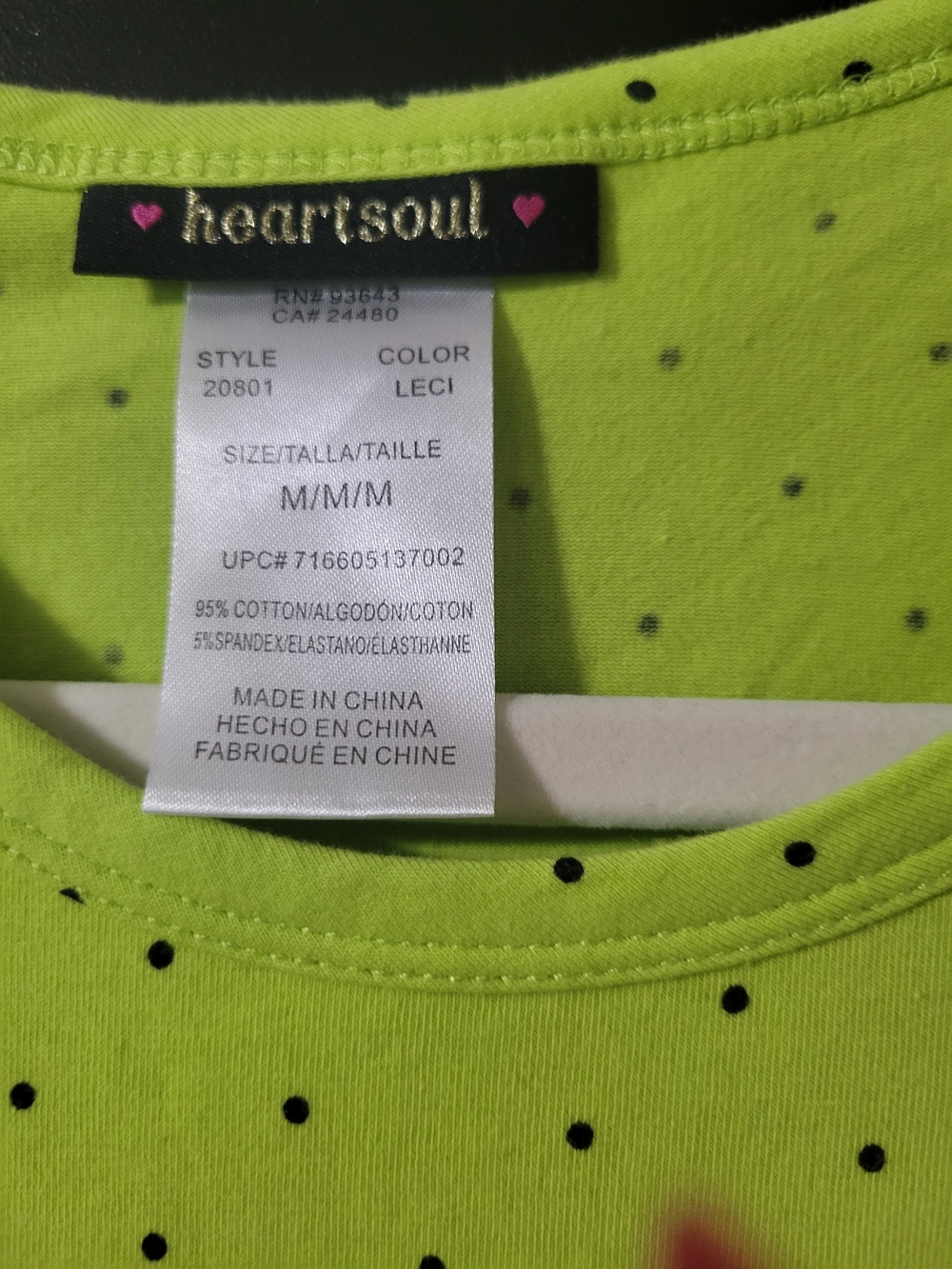 HeartSoul Neon Lime Tee with Black Polka Dots Under Scrub Top. - Picture 3 of 3